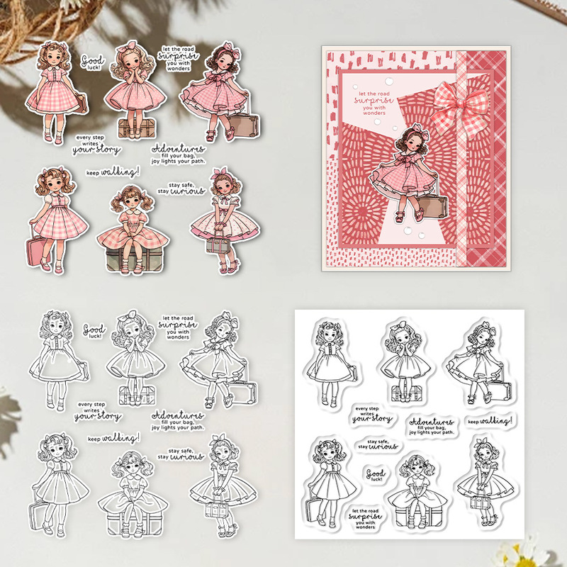 Clear Silicone Stamps For Card Making - Suncraft Lovely Traveling Little Girl Şeffaf